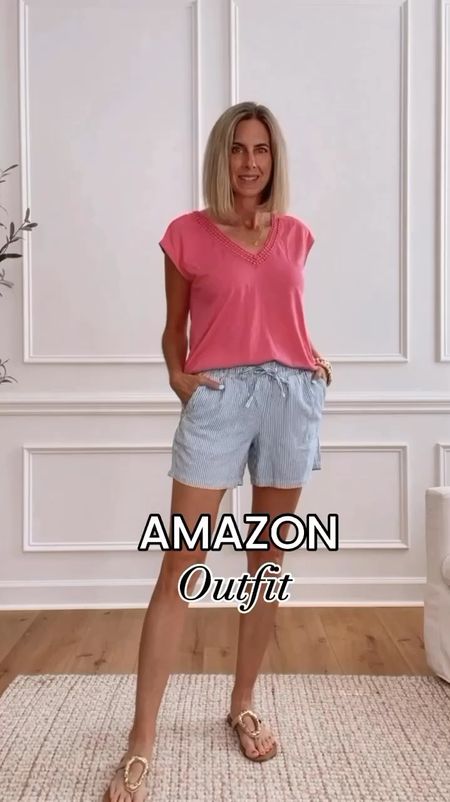 ⭐️ Amazon outfit - Wearing a small in the tshirt. Comes in other colors. Amazon shorts have an elastic waistband and a drawstring plus pockets. Material feels like linen. Perfect for summer! Wearing a small and come in other colors. Sandals are my new favorites and currently on sale! 

Amazon outfit idea 
Summer outfits 

#LTKSeasonal #LTKVideo #LTKSaleAlert
