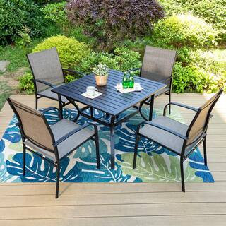 PHI VILLA Black 5-Piece Metal Slat Square Table Patio Outdoor Dining Set with Brown Textilene Cha... | The Home Depot