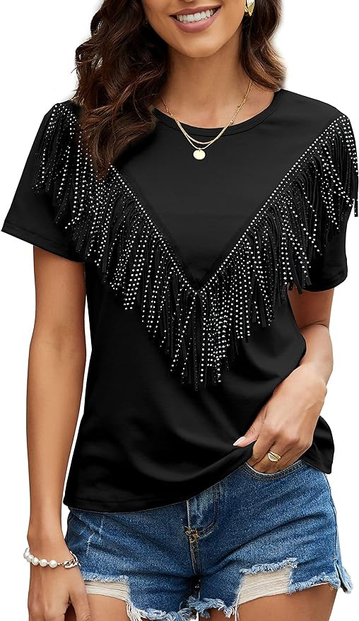 PESION Women's Fringe Trim Shirts Short Sleeve Tassel Trim Blouse T-Shirt Tops | Amazon (US)