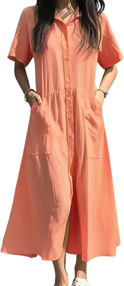 chouyatou Women's Summer Short Sleeve Button Down Shirt Dress A-Line Flared Maxi Long Beach Casua... | Amazon (US)