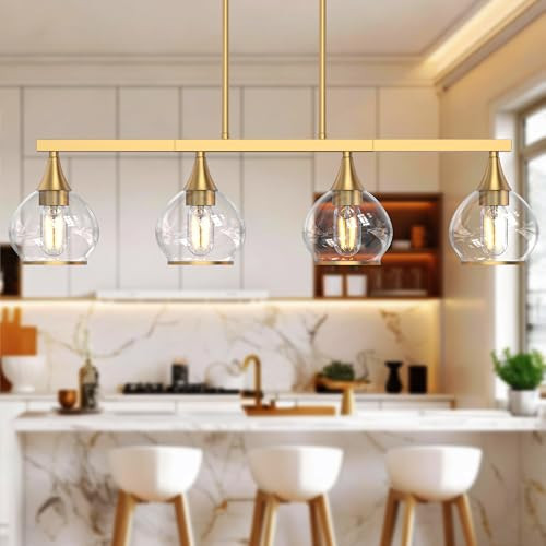 Phaosio Kitchen Island Linear Pendant Light, 4-Light Gold Dining Room Chandelier with Clear Glass Globe Shades, Modern Linear Lighting Fixture Over Table | Amazon (US)