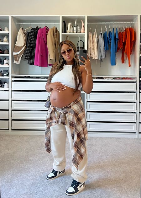 Maternity streetwear look! Perfect for running errands or on the go! Sneaker head, bump fit, outfit of the day, style inspo, airport outfit, neutrals, Jordan’s, luxury. 

#LTKbump #LTKfit #LTKstyletip