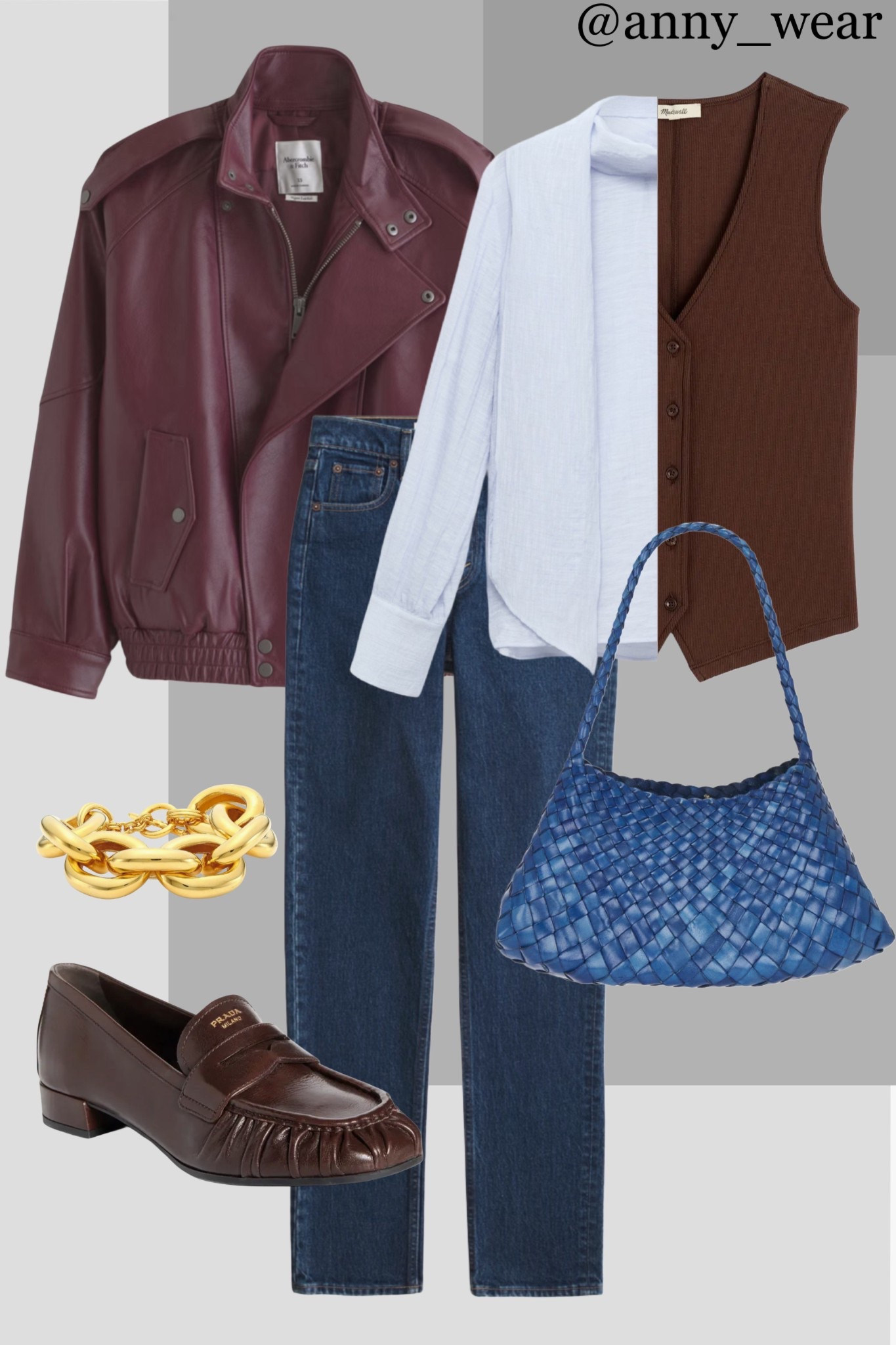 Mastering transitional dressing for the office. This look is all about rich, autumnal layers. The bold burgundy leather jacket adds a vintage-inspired statement, perfectly balanced by the preppy blue bow blouse and tailored vest. Finished with classic denim, timeless loafers, and the perfect accessories for a polished yet personal touch. Ideal for the office and seamlessly transitioning to after-work drinks.
Shop this curated collage to build your ultimate fall work wardrobe.

Burgundy jacket 
Blue shirt 
Burgundy bomber 
Leather bomber 
Blue blouse 
Ruched Toe Penny Loafer
Madewell Rib V Neck Vest
Textured blouse with foulard
Relaxed Mockneck bomber
Vegan Leather Bomber
Brown knit vest 
Blue bag 
Brown loafers 
Gold bracelet 
work wear style 
сapsule wardrobe spring
casual suit outfit 
teacher outfit 
midsize work outfit 
womens work pants
black work pants 
size 8 influencer
capsule wardrobe 
work lunch outfit 
affordable fashion 
interview outfit 
lunch outfit 
lunch date outfit
Work outfit ideas 
office wear for women 
womens work clothes 
blouses for work
womens work pants 
work skirts for women 
work jacket for women 
corporate outfits
work accessories for women 
work jewelry 
work booties 
womens work bags
blazer outfits
blazers for work 
workwear elegant outfit 
work сapsule wardrobe 
comfortable office shoes 
work tote bag
Transitioning from summer into fall Mango outfits sunday brunch going out outfits photoshoot outfits dinner date outfit ssense work party outfit zara outfits paris outfit casual wardrobe europe outfits saks 5th avenue new york outfits city street styles new york city ltku over 40 capsule wardrobe popular today summer looks city outfits Abercrombie outfits casual spring outfit classy casual everyday necklace #LTKstyletip #LTKbeauty #LTKU #LTKshoecrush #LTKitbag 

#LTKWorkwear #LTKSaleAlert #LTKFindsUnder100