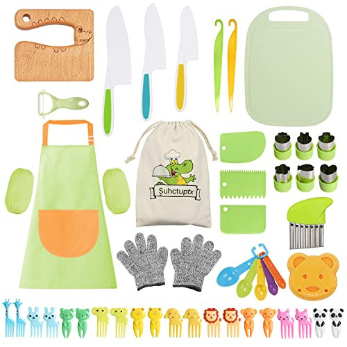 iAOVUEBY 50PCS Kids Knifes Set for Real Cooking, Wooden Toddler Knife Cutting Board Kitchen Gloves Fruit Vegetable Crinkle Cutters Plastic Kid Safe Knives, Birthday Gifts for Girls & Boys Age 3-8 | Amazon (US)