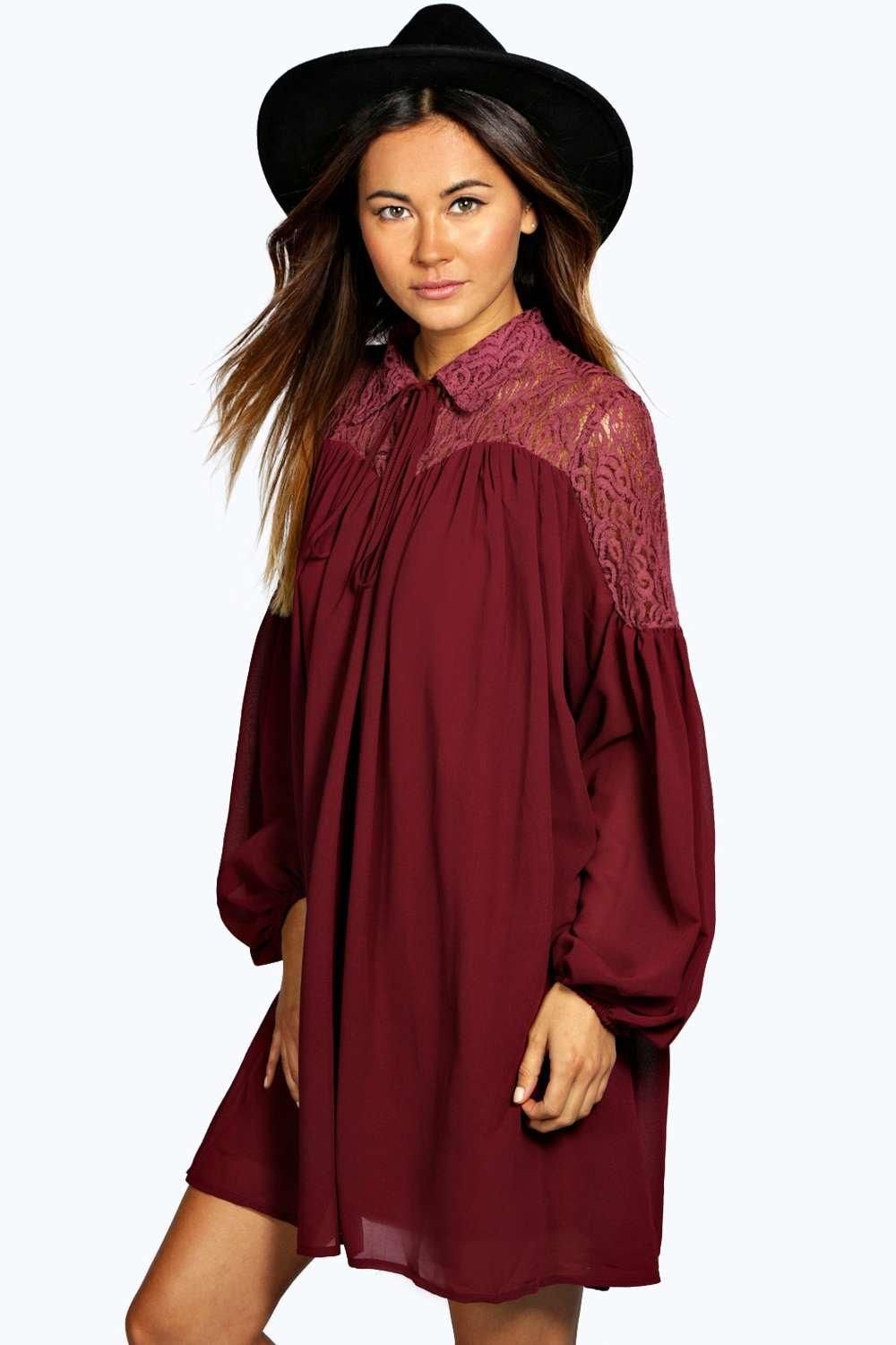 boohoo Liza Lace Panel Smock Dress - berry | Boohoo.com (US & CA)