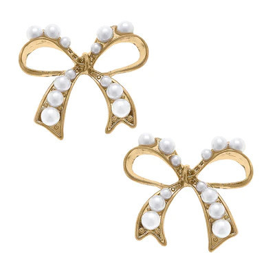 Harper Pearl-Studded Bow Stud Earrings in Ivory | CANVAS