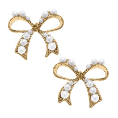 Harper Pearl-Studded Bow Stud Earrings in Ivory | CANVAS