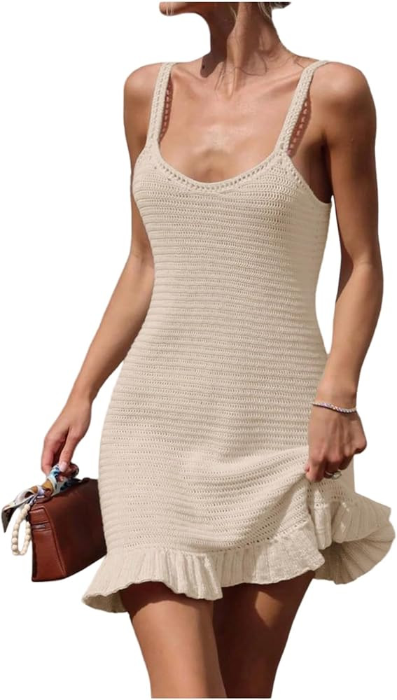 GORGLITTER Women's Crochet Knit Mini Dress Summer Vacation Sexy Beach Miami Resort Outfits Swim Cover Up Dresses | Amazon (US)