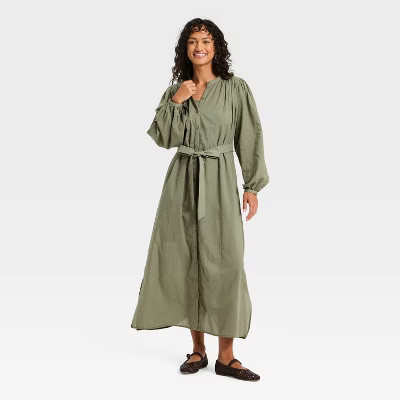 Women's Flounce Long Sleeve Collared Neck Maxi Shirtdress - Universal Thread™ Olive Green L | Target