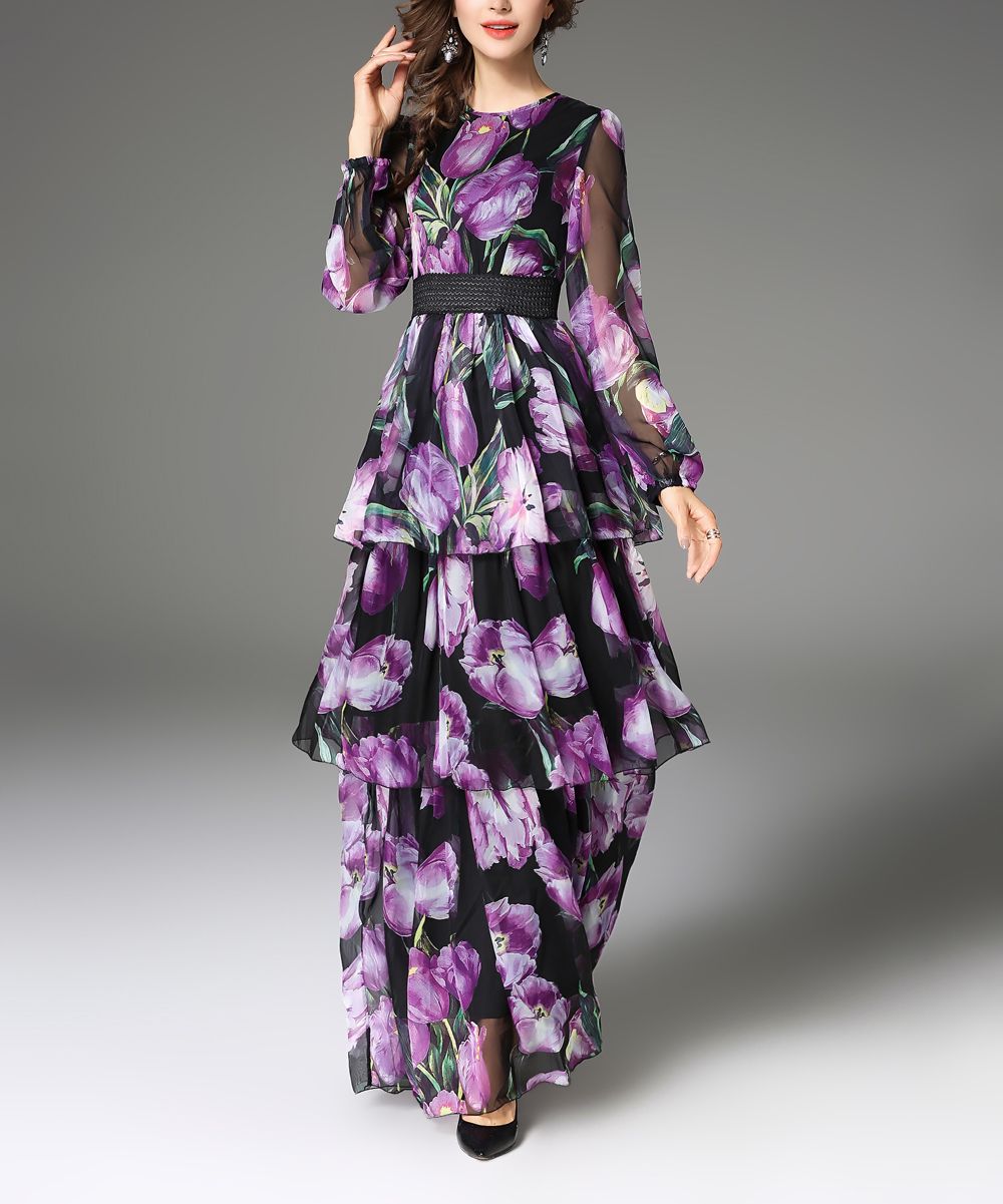 Nisha Outi Women's Casual Dresses Purple - Black & Purple Floral Maxi Dress - Women | Zulily