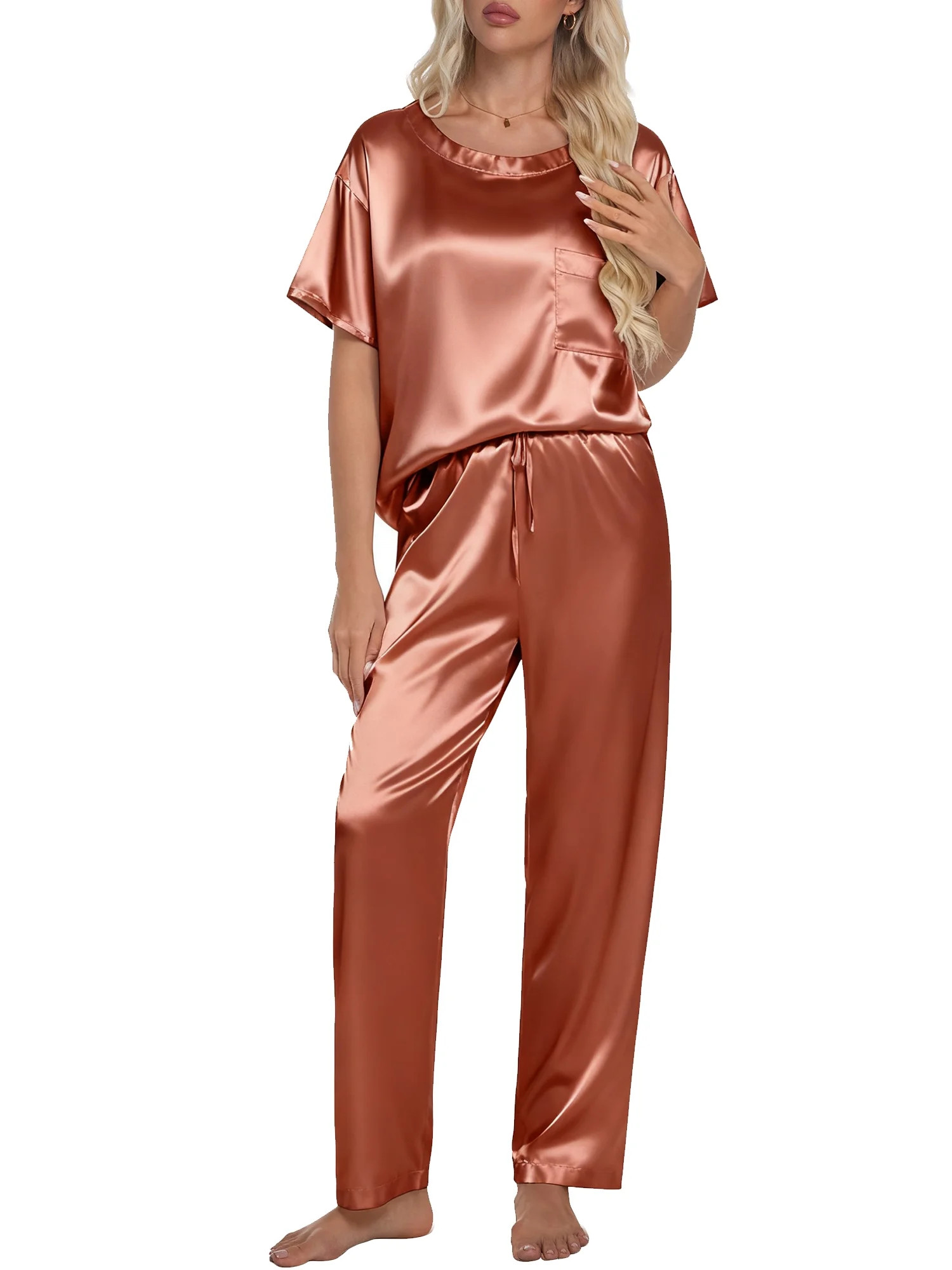 DAKIMOE Womens Silk Satin Pajama Set Short Sleeve Shirt with Long Pajamas Pant Set Two-piece Pj S... | Walmart (US)