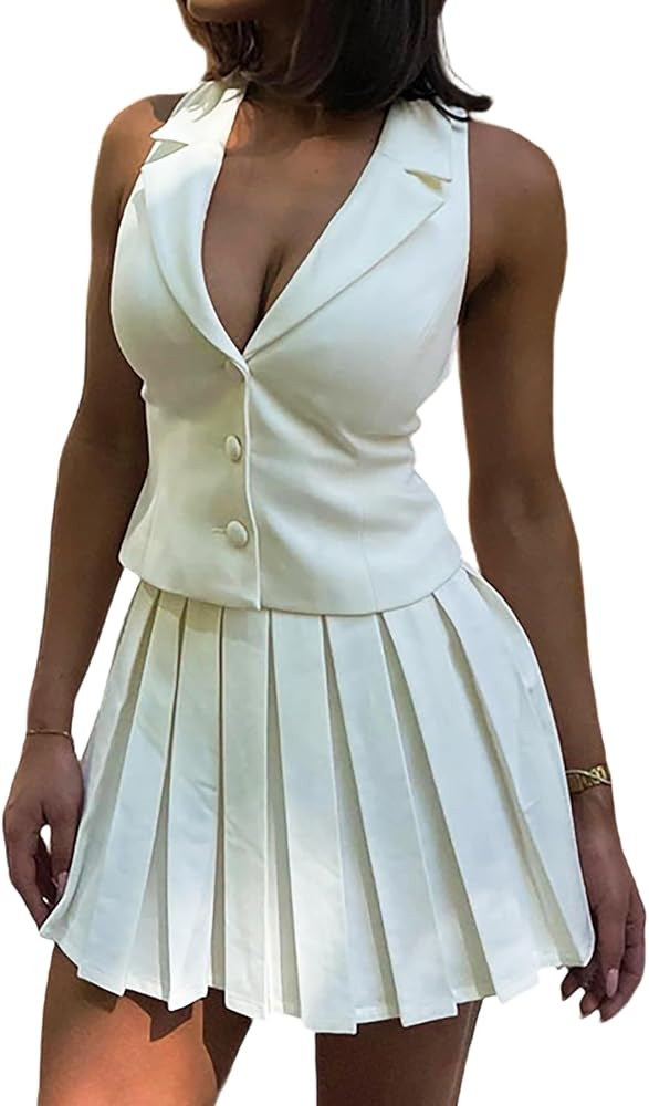 Tcremisa Womens 2 Piece Skirt Sets Business Outfits Casual V Neck Blazer Vest and Mini Pleated Sk... | Amazon (US)