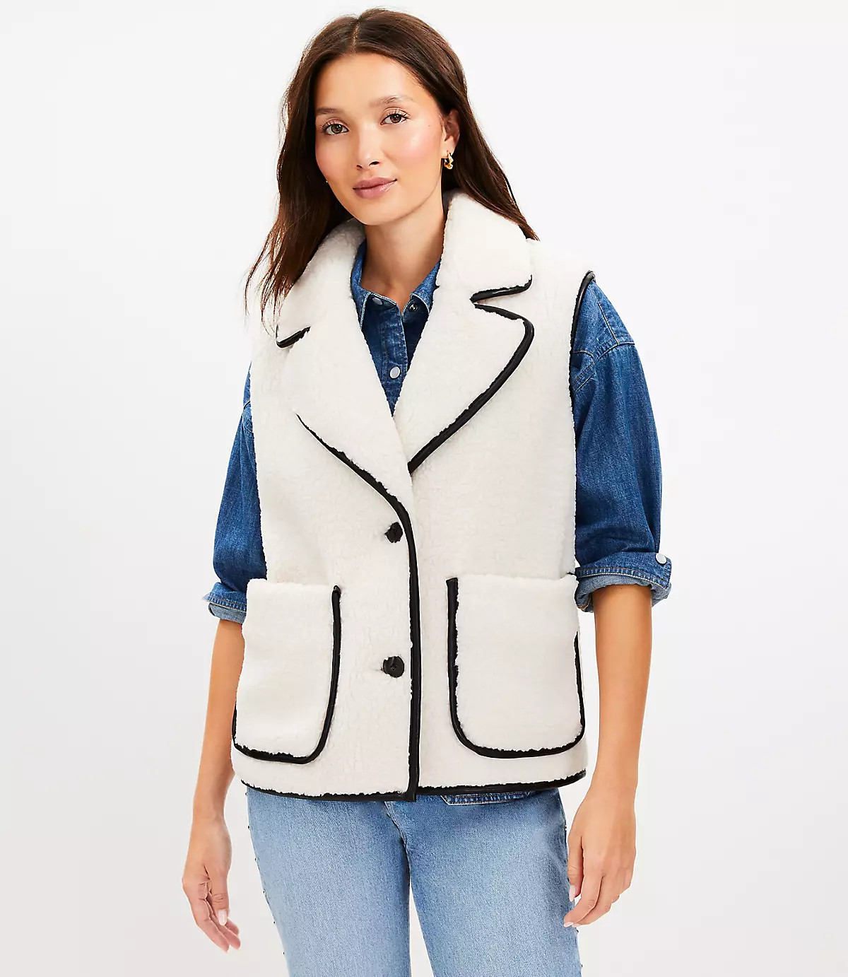 Faux Leather Trim Sherpa Vest | LOFT
