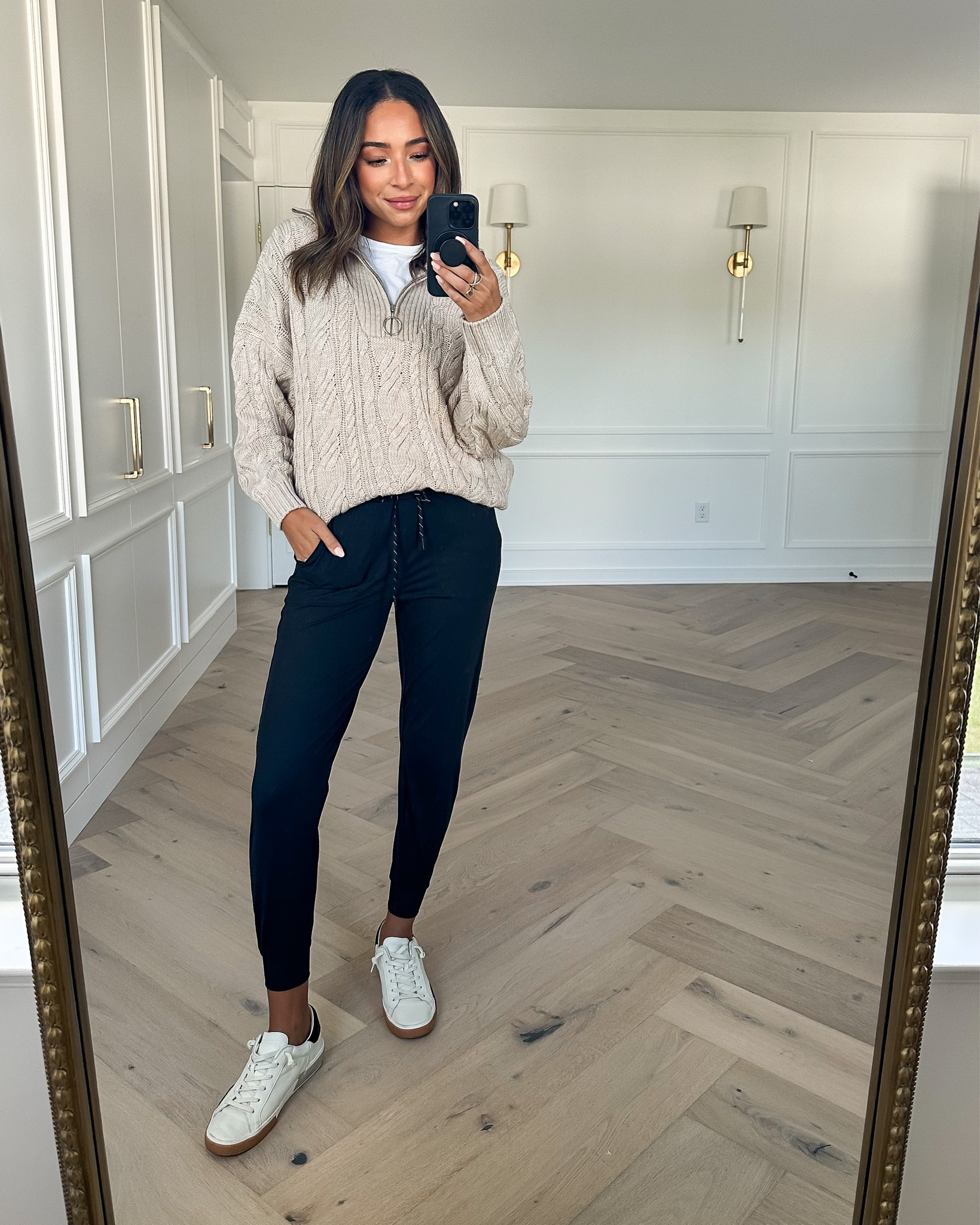 Nordstrom anniversary sale outfit 🖤 wearing a small in cable knit half zip pullover (runs large), small in black joggers (tts) and white sneakers run tts.

#LTKstyletip #LTKxNSale #LTKunder100