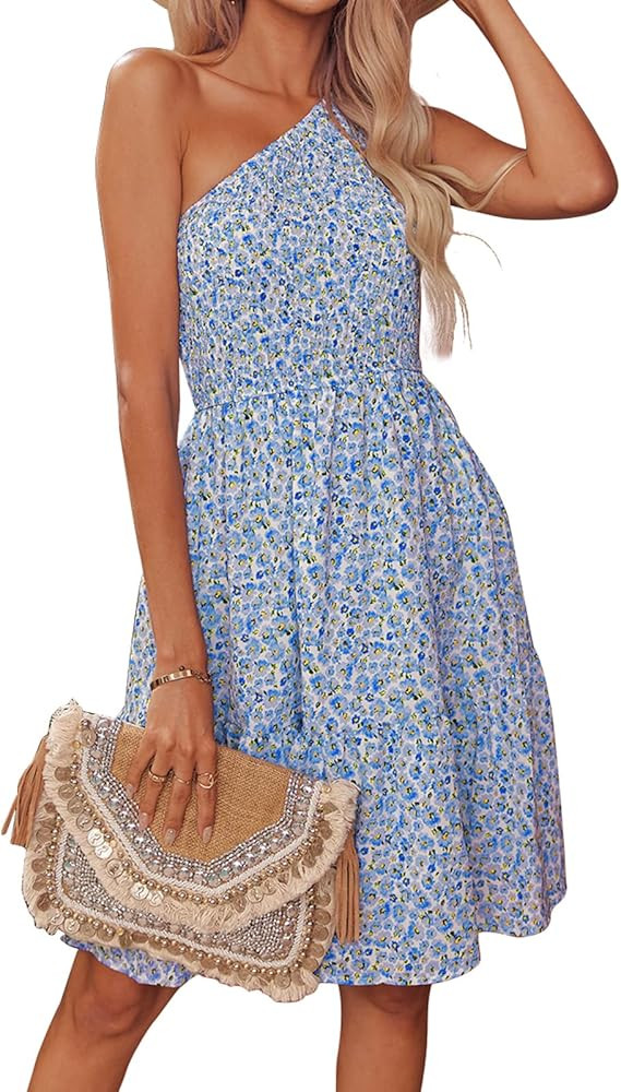 Naggoo Women's 2023 Floral Summer Dress One Shoulder Sundresses Bohemian Ruffle Flowy A-Line Mini... | Amazon (US)