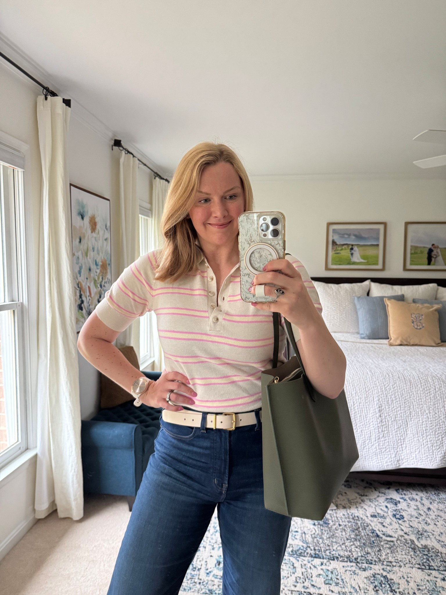 Striped sweater polo short sleeve top. Wearing my normal size. Fit is cropped, still tucks well with high waisted jeans

Triple compartment green tote is by quince. It’s just like my Tory Burch one but fraction of the price. Love for work!

#LTKdayinmylife #LTKmomlife #LTKSeasonal