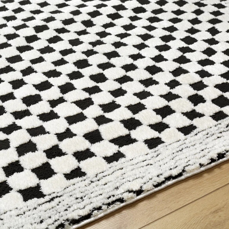 Aryas Checkered Machine Woven Polyester Area Rug in Black/Cream | Wayfair North America