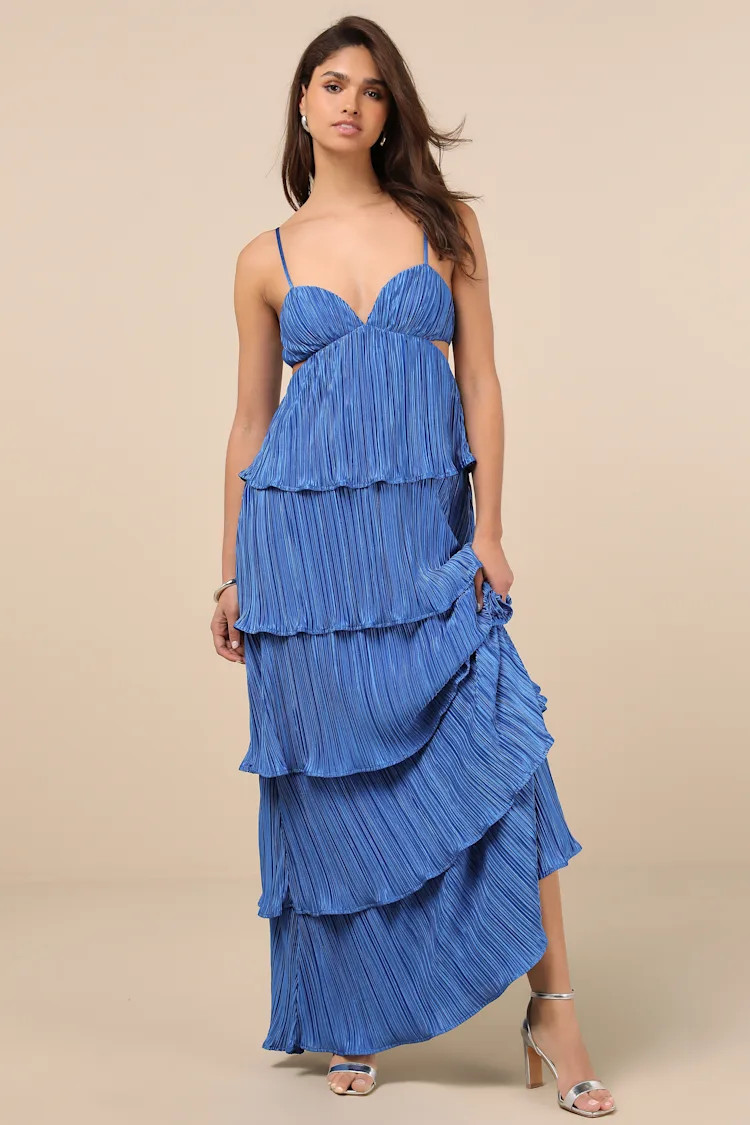 Kanya Blue Satin Plisse Tiered Maxi Dress | Lulus