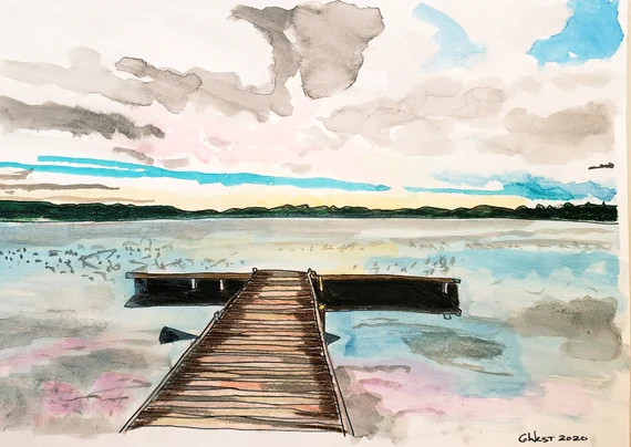 Sunset on the Dock Watercolor Print With Easel | Etsy | Etsy (US)