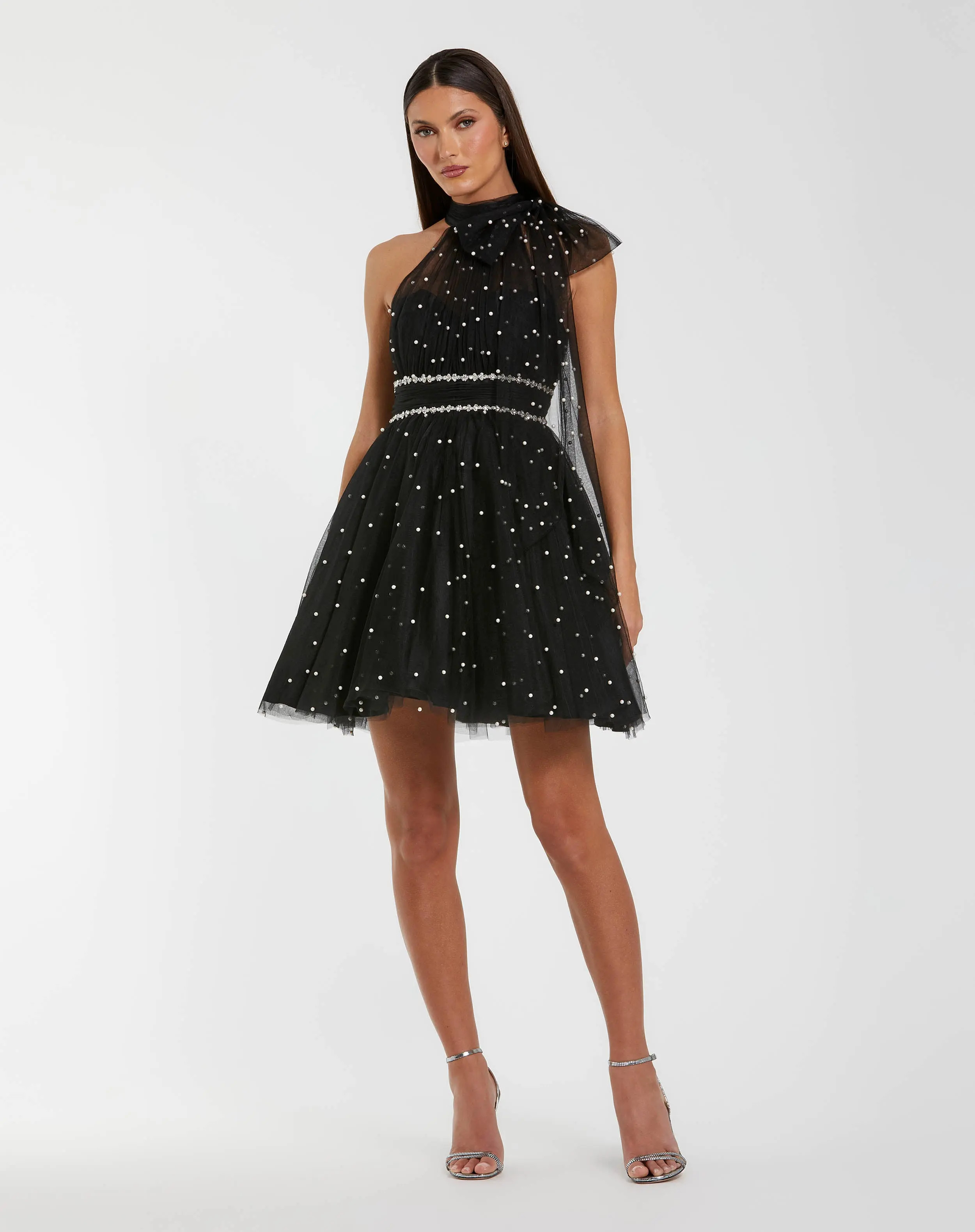 Black Pearl Embellished A Line Mini Dress with Bow | Mac Duggal | Mac Duggal