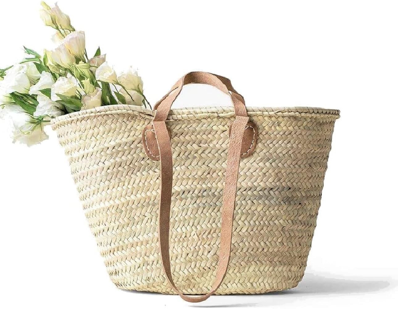 French Market Basket with Double Flat Leather Handle, Handmade Straw Tote for Shopping, Beach, an... | Amazon (US)