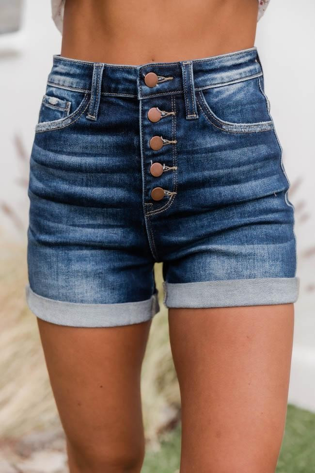 Rivera Daydream Rolled Hem Dark Wash Shorts | The Pink Lily Boutique