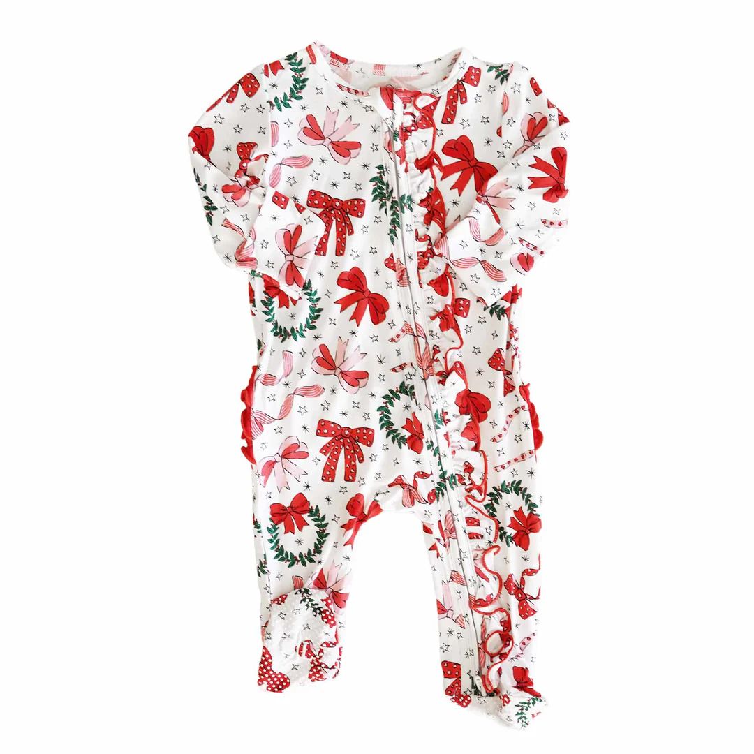 Wrapped In A Bow Ruffle Zipper Footie | Caden Lane