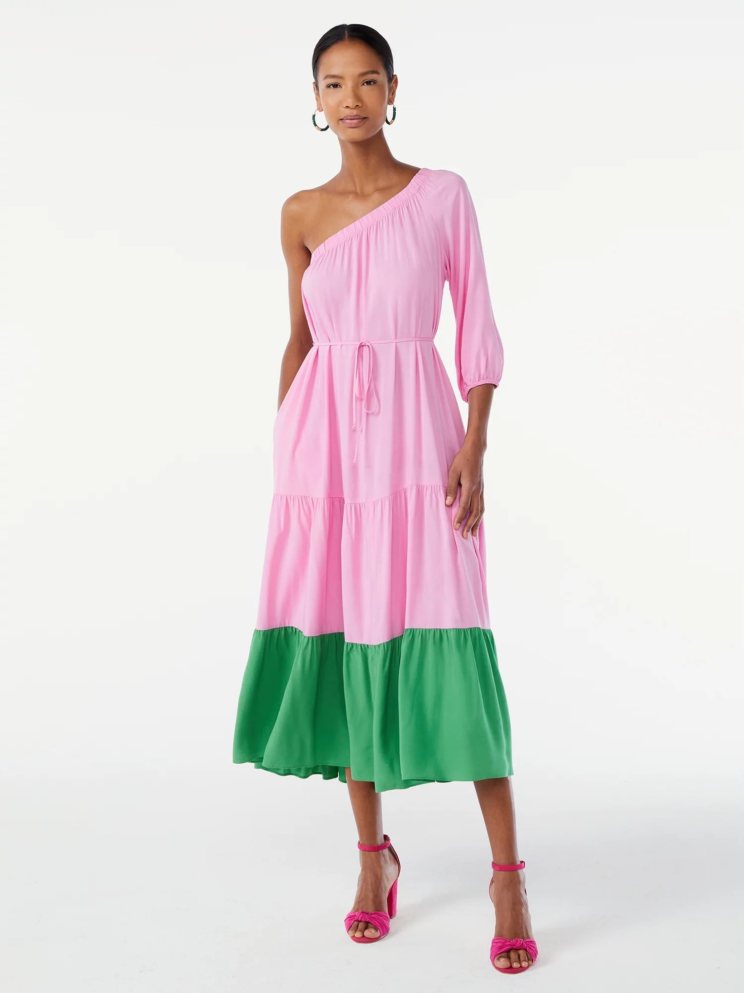 Scoop Women's One Shoulder Color Block Maxi Dress with Tie Front | Walmart (US)