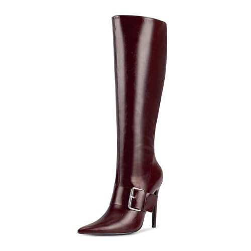 wetkiss Burgundy Knee High Boots for Women Ladies Knee High Boots Tall Burgundy Stiletto Boots Burgundy Heel Boots Pointed Toe Burgundy High Heeled Boots for Narrow Feet Narrow Calf Full Side Zipper | Amazon (US)