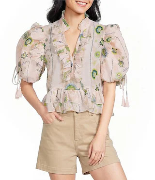 Printed Split V-Neck Short Bubble Sleeve Woven Cropped Blouse | Dillard's