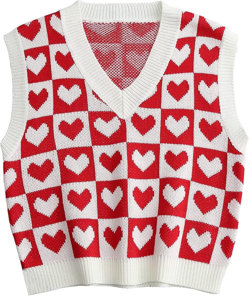Floerns Women's Cute Heart Print V Neck Sleeveless Sweater Vest Knit Top | Amazon (US)