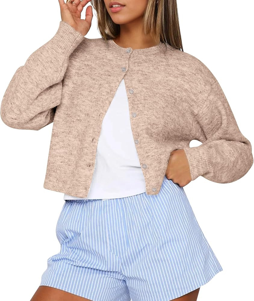 Cioatin Women Y2K Open Front Button Down Crop Sweater Cardigan Long Sleeve Lightweight Knit Pullo... | Amazon (US)