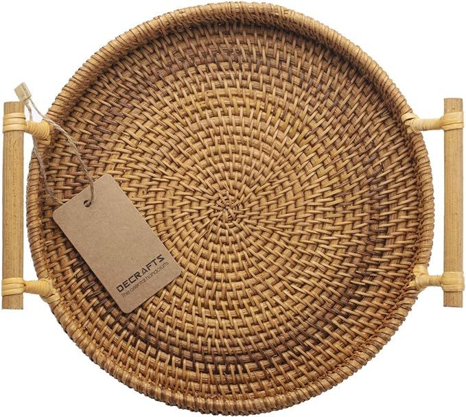 DECRAFTS Round Rattan Tray Woven Bread Basket with Handles Small Cracker Tray for Serving Dinner ... | Amazon (US)
