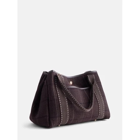 Free Assembly Women’s Plaid Medium Tote Handbag, Dark Brown | Walmart (US)