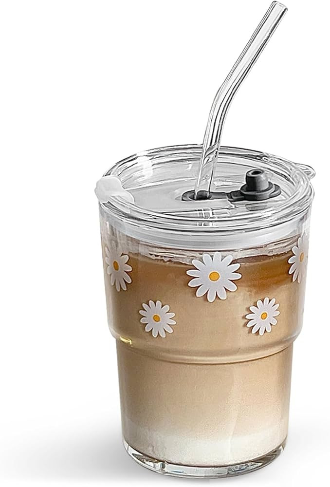 13oz Glass Tumbler with Straw and Lid, Reusable Iced Coffee Cup Tumbler, Cute Glass Cups for Wate... | Amazon (US)
