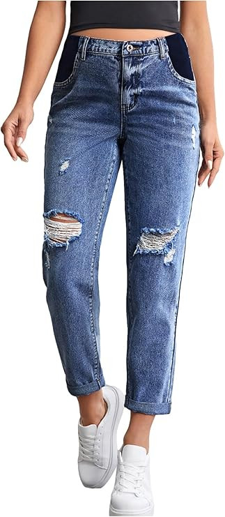 QWINEE Women's Maternity High Waist Zipper Casual Ripped Jeans Pants Trousers Mom Fit Denim Pants | Amazon (US)