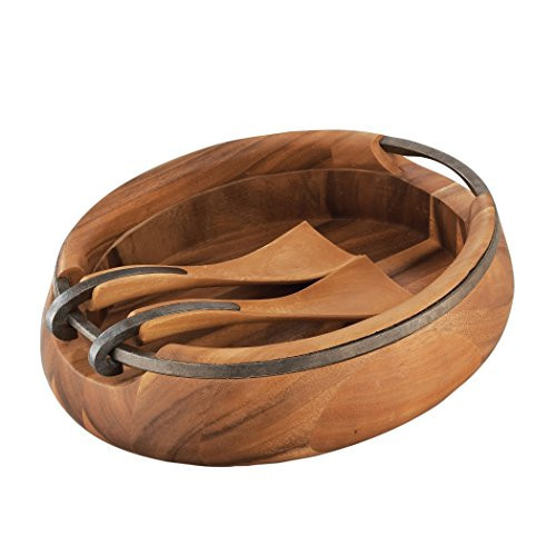 nambe Anvil Salad Bowl with Servers | Large Wooden Serving Bowl for Fruit, Salads | Made of Acacia wood and Iron Finished Nambe Alloy | Designed by Neil Cohen | Amazon (US)