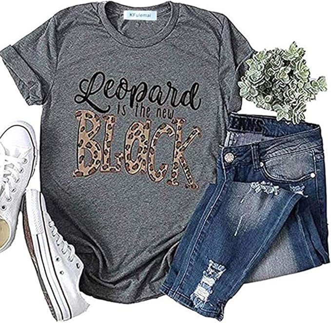 KFulemai Women's Leopard is The New Black T Shirt Cute Short Sleeve Letter Graphic Tees Tops | Amazon (US)