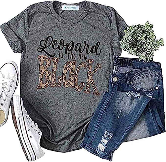 KFulemai Women's Leopard is The New Black T Shirt Cute Short Sleeve Letter Graphic Tees Tops | Amazon (US)