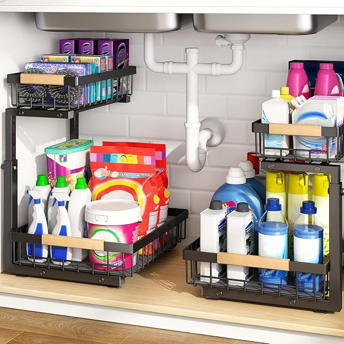 PXRACK 2 Pack Under Sink Organizer,Adjustable Height,2 Tier Pull Out Under Cabinet Organizer,Slid... | Amazon (US)