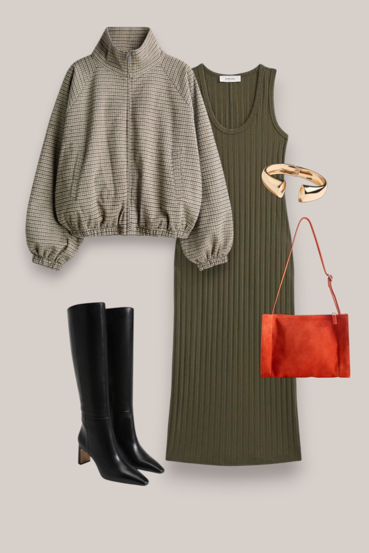 Checked jacket + olive dress + black boots
Love the mix of olive, checks and a pop of orange here. The tall black boots make this an easy transitional dress outfit for fall.

#LTKautumn #LTKdatenight #LTKstyletip