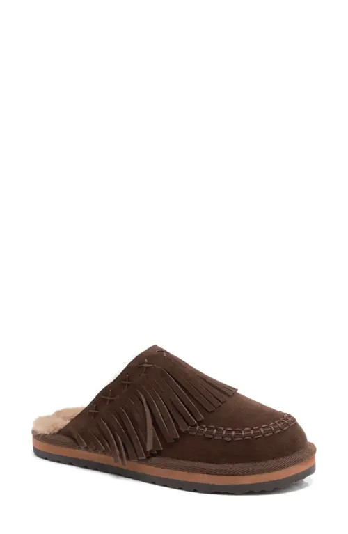 Free People Fallon Fringe Faux Fur Mule Slipper in Chocolate Suede at Nordstrom, Size 8 | Nordstrom