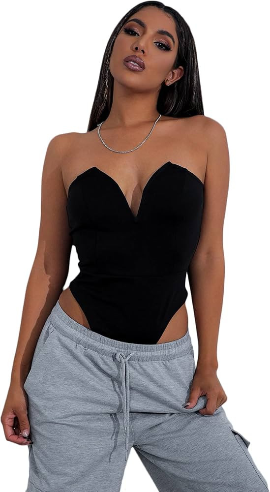 SheIn Women's Notched V Neck Sleeveless Strapless Bodysuit One Piece Leotard Tube Top | Amazon (US)