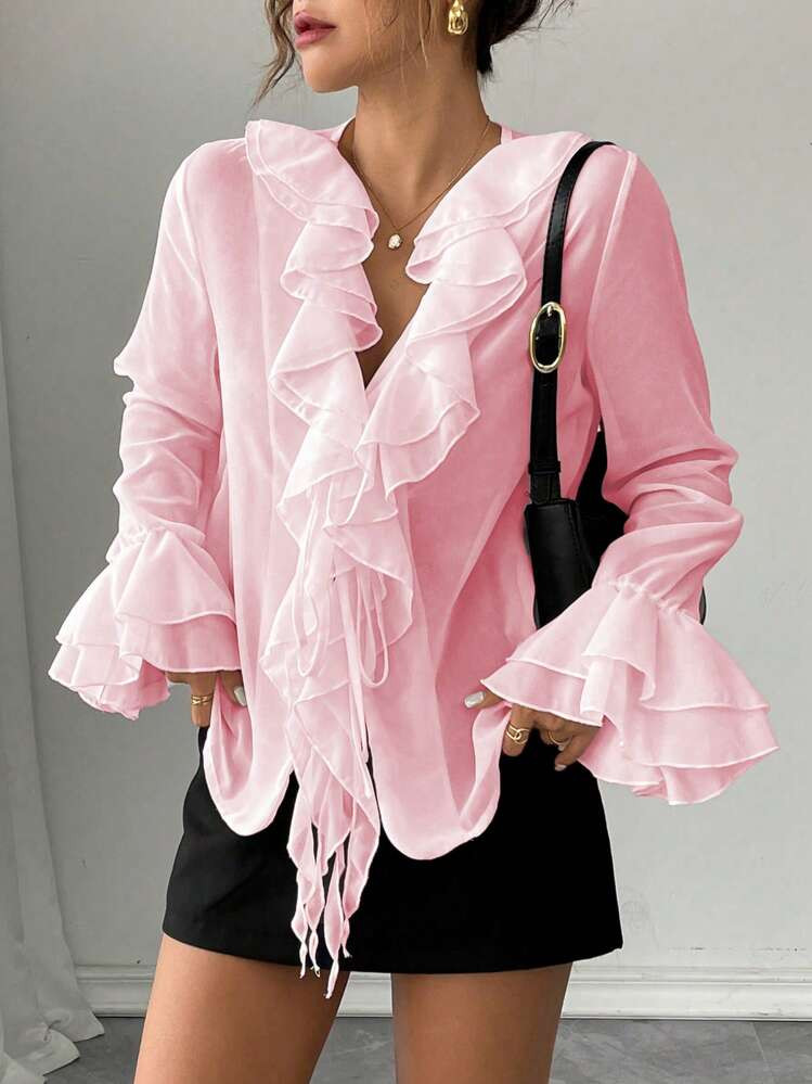 Pink Ruffle Long Sleeve Blouse  | SHEIN
