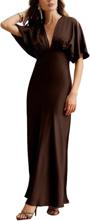 SKAYS Women's Deep V Neck Satin Maxi Dress Batwing Sleeve Elegant Wedding Guest Cocktail Formal P... | Amazon (US)