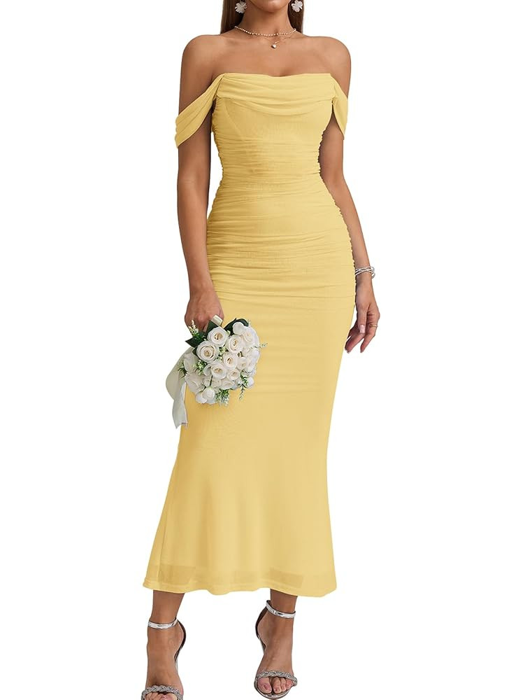 KUTUMAI Off The Shoulder Maxi Long Dress Corset Ruched Bodycon Formal Wedding Guest Dresses for W... | Amazon (US)