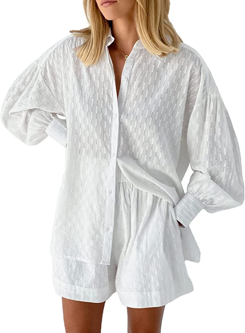 Fixmatti 2 Piece Casual Outfits Long Sleeve Button Down Shirt and Shorts Sweatsuit Sets | Amazon (US)