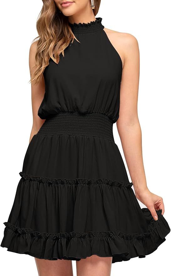 MEROKEETY Women's Summer Casual Halter Neck A Line Dress Sleeveless Smocked Waist Ruffle Mini Dre... | Amazon (US)