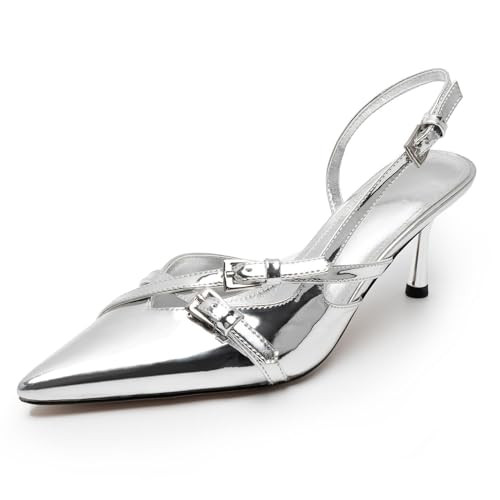 KaroNairy Kitten Heels for Women Pointed Toe Slingback Heels Closed Toe Low Heel Wedding Dress Pumps with Buckles Silver10 | Amazon (US)