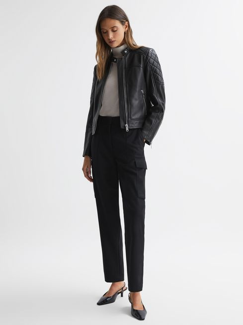 Reiss Black Adelaide Leather Collarless Quilted Jacket | Reiss UK
